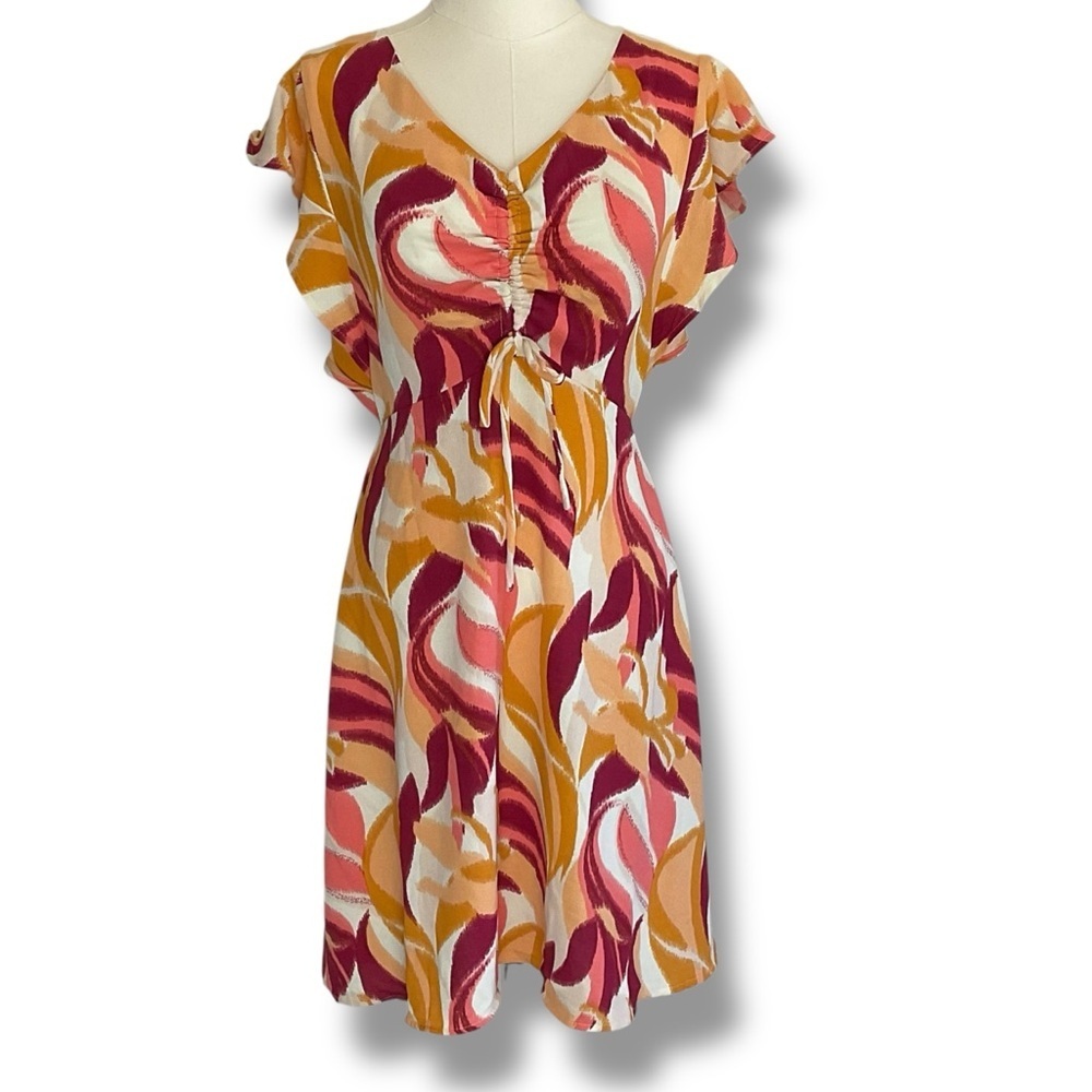 Monteau Dress Burgundy Pink Mustard Floral Print Mini Sun Ruffle Size Small